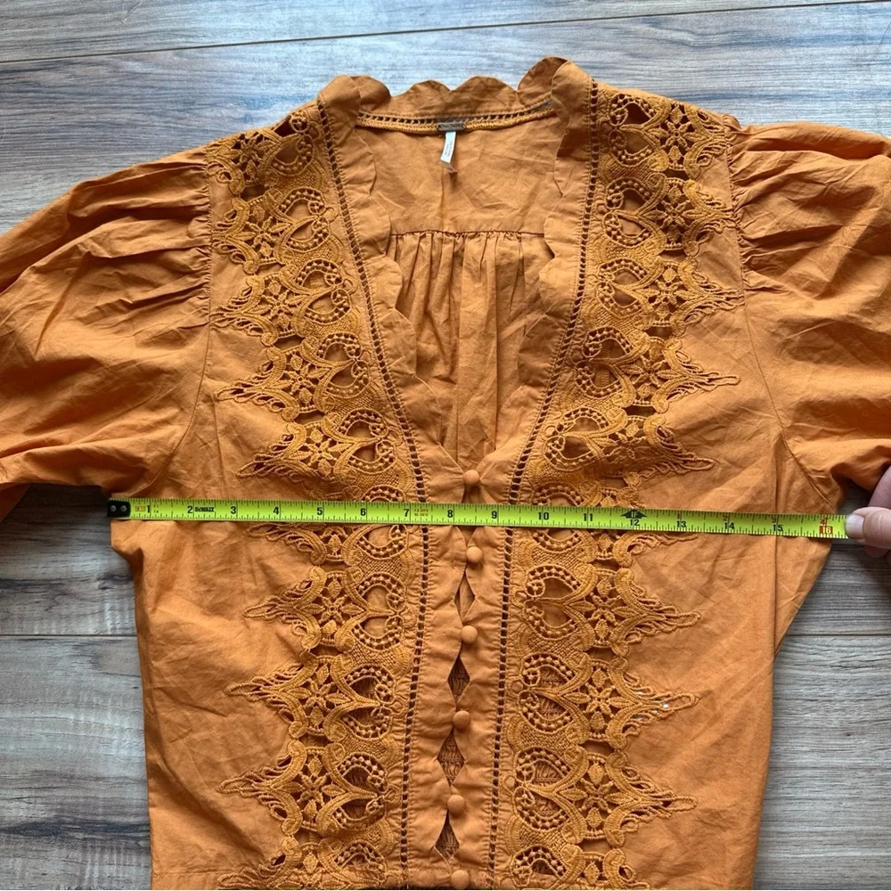 Free People Louella Blouse Tawny orange Lace Embroidered Top Size XS boho Crop